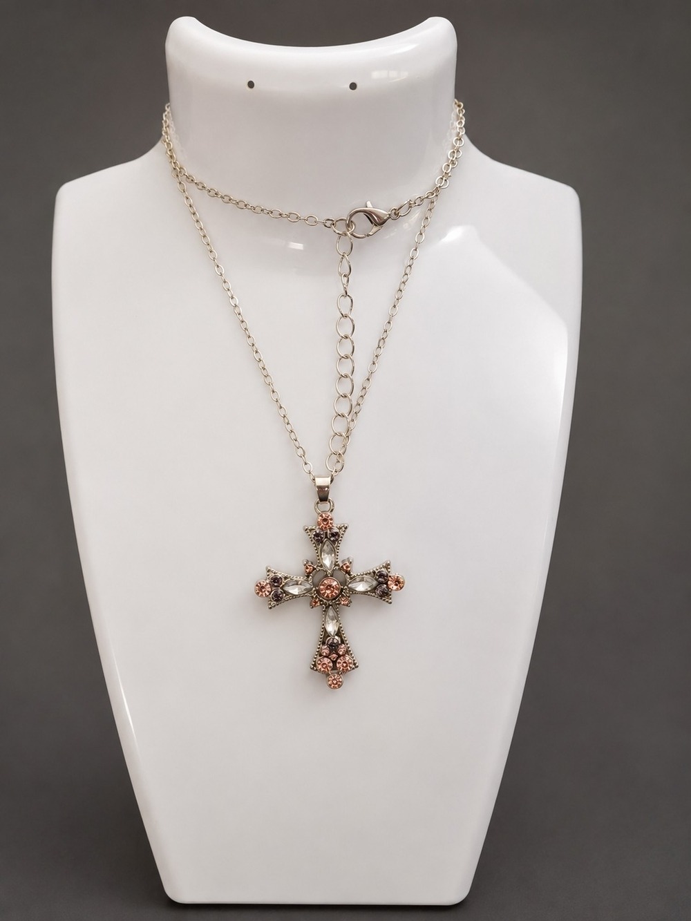 Silver Tone With Pink And Clear Crystal Cross Pendant Necklace - Women's Jewelry